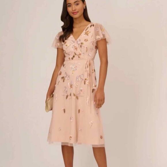 Adrianna Papell Beaded Flutter-Sleeve Tie-Waist Midi Dress Size US 8 - Picture 11 of 12